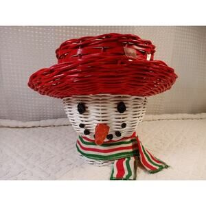 Vtg Christmas LTD Red Wicker Whimsical Snowman Hat Planter Cole Eyes Mouth 9.5"t